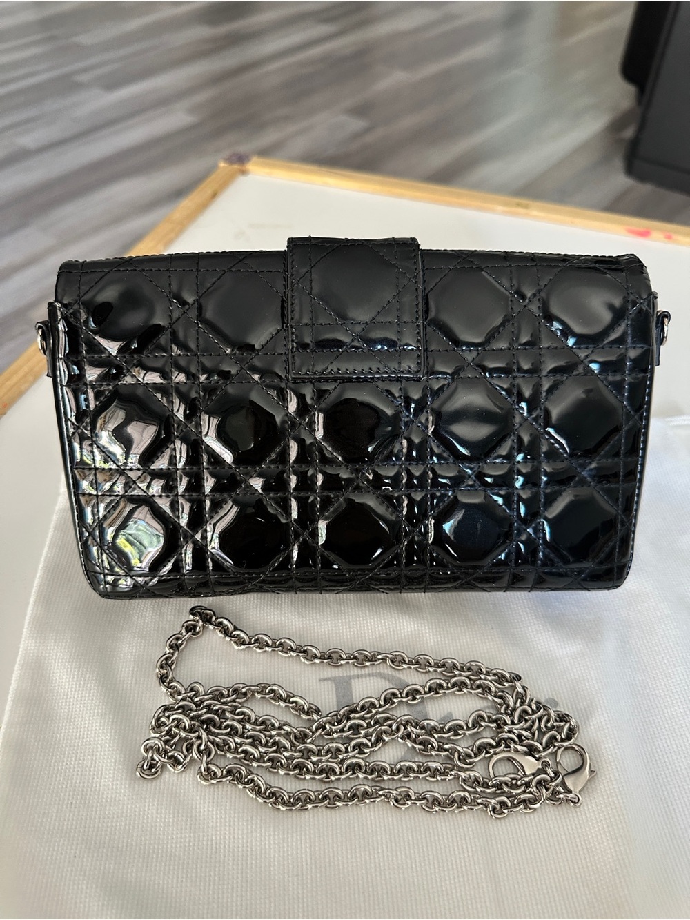 Dior Black Patent Quilted Crossbody with Silver Chain - Picture 5 of 9